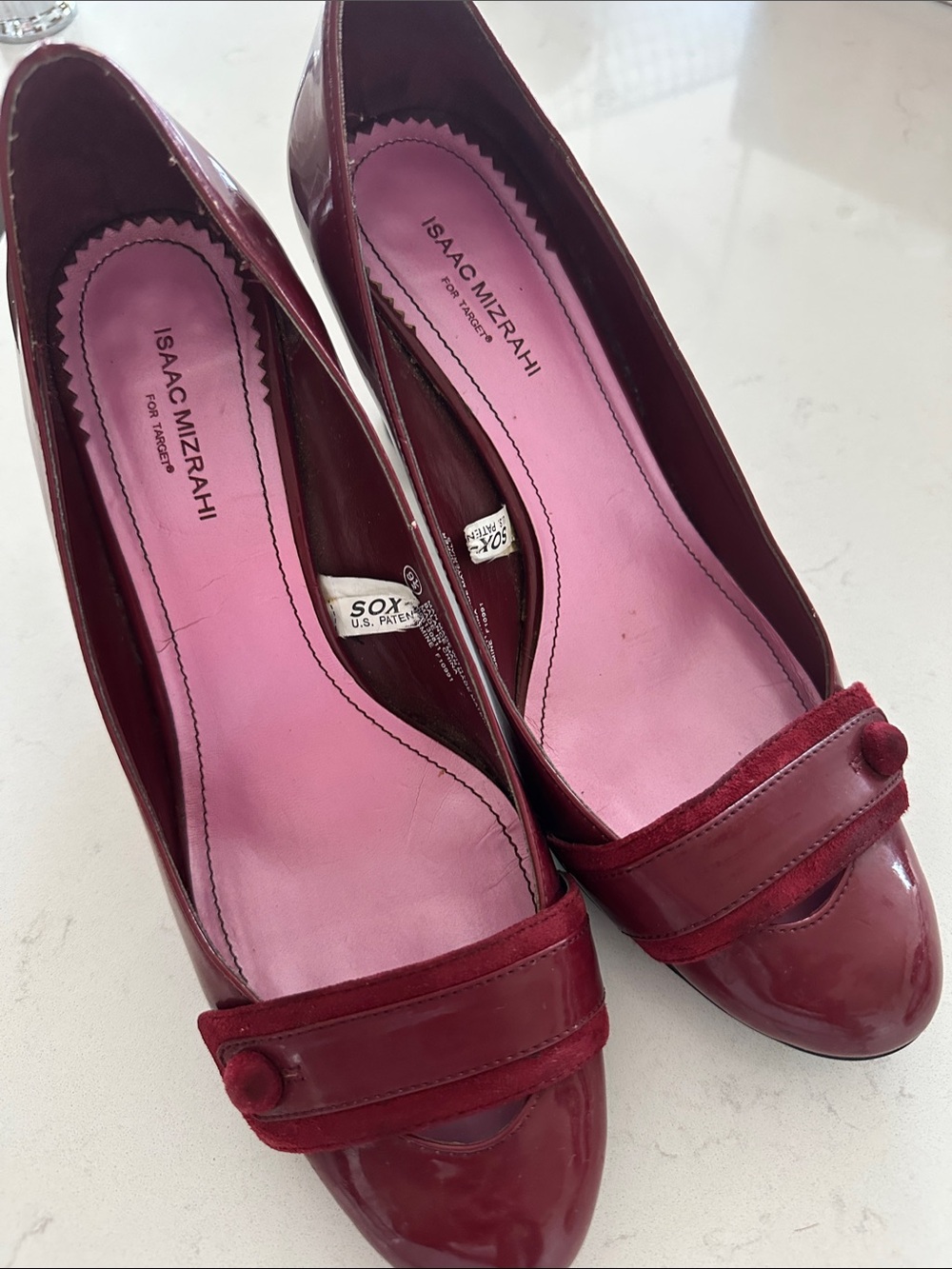 Isaac Mizrahi Burgundy Patent Loafer-Style Pumps with Pink Insole